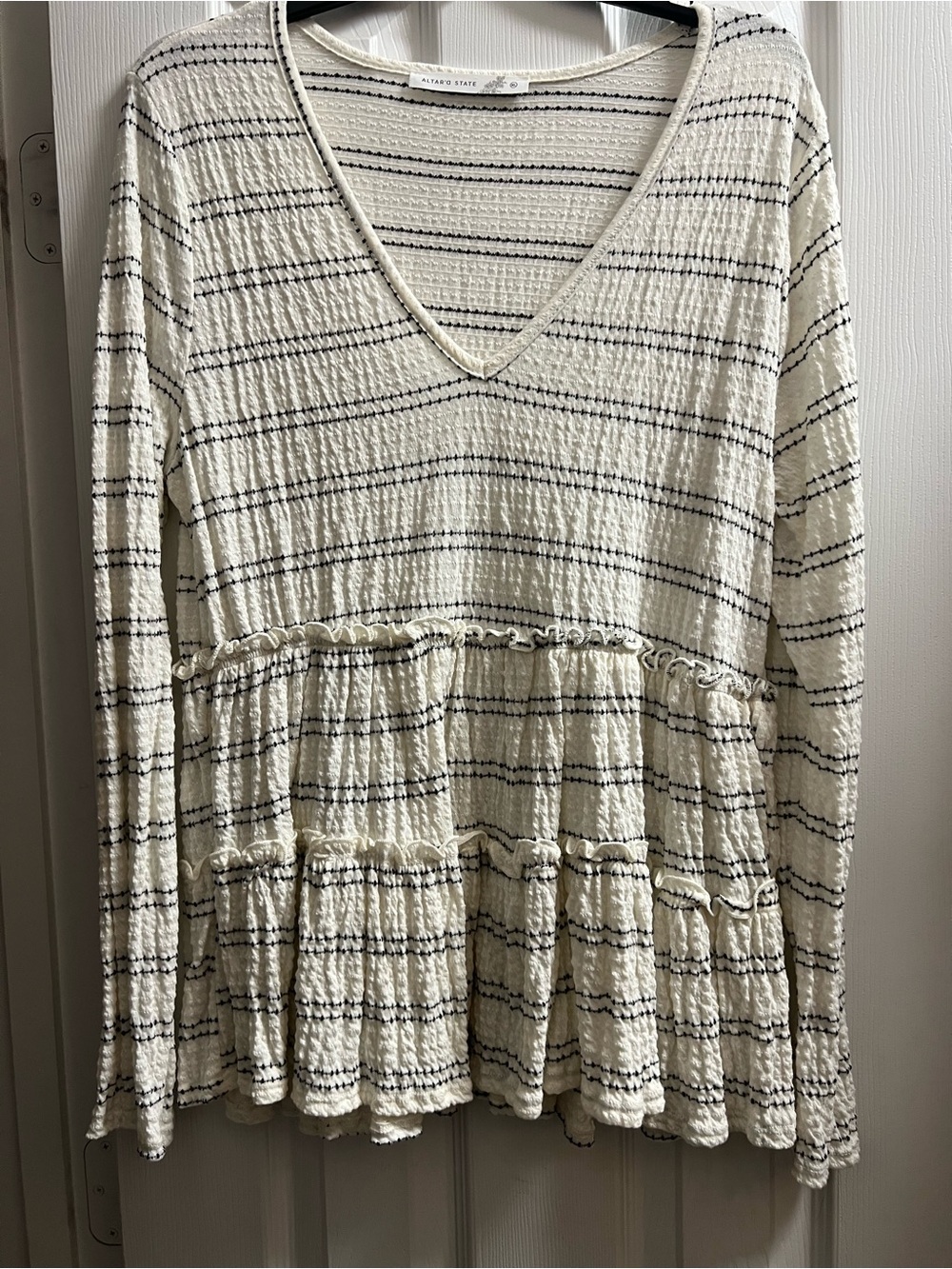Altar'd State Cream and Black Striped V-Neck Peplum Sweater